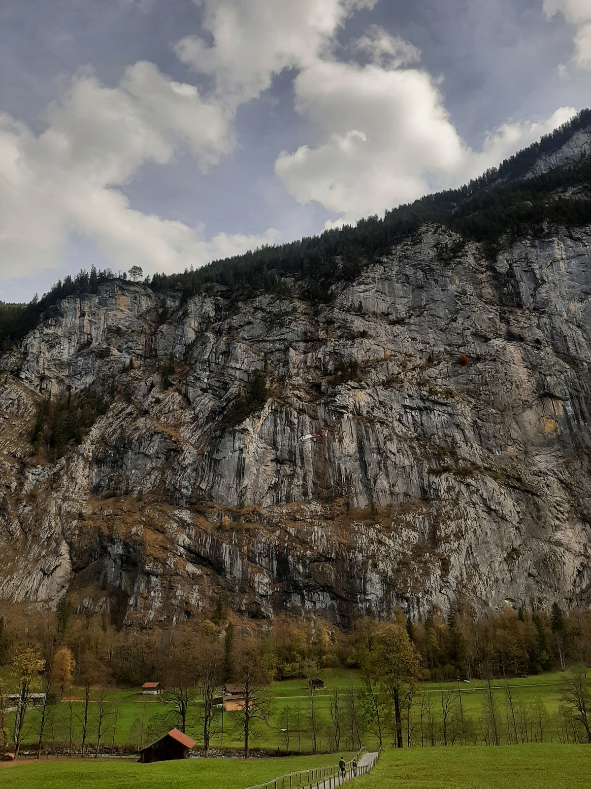 Helicopter flying through the Lauterbrunnen valley